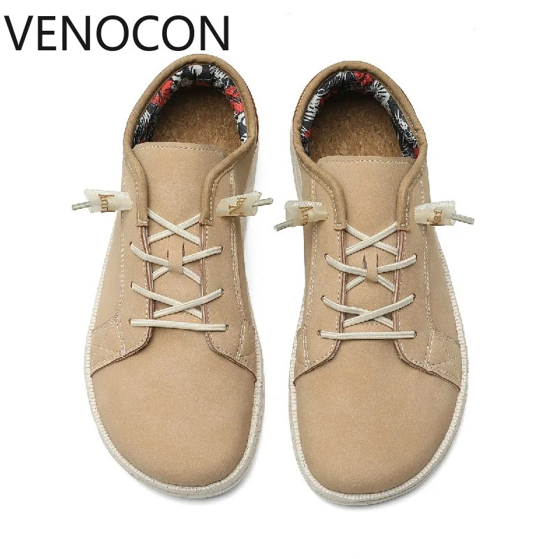 VENOCON Men's Barefoot Wide Toe Box Canvas Lining Fabric Leather Upper Minimalist Slip-On Loafers Shoes Sneakers For Men Man