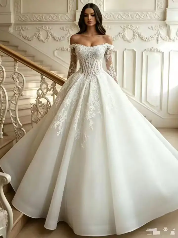 Princess Wedding Dresses 2026 Ivory Plus Size Crystal Bride Romantic Bridal Gown Off Shoulder Long Sleeves Customizd