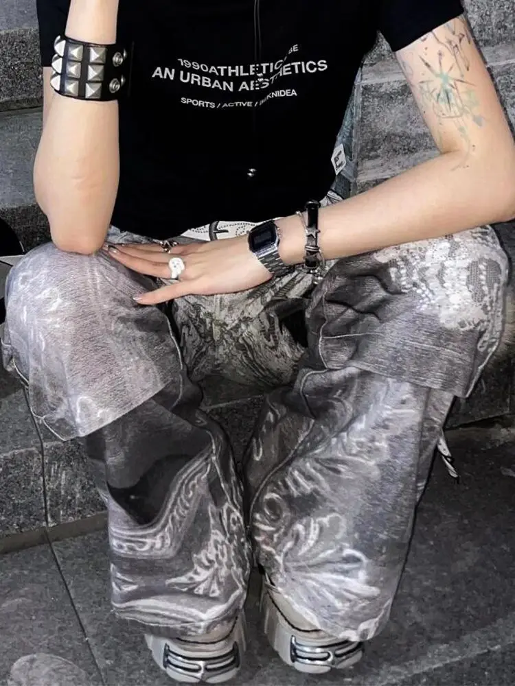 American High Street Printed Long Jeans Women Summer New Street Style Design Niche Slim Floor Trousers