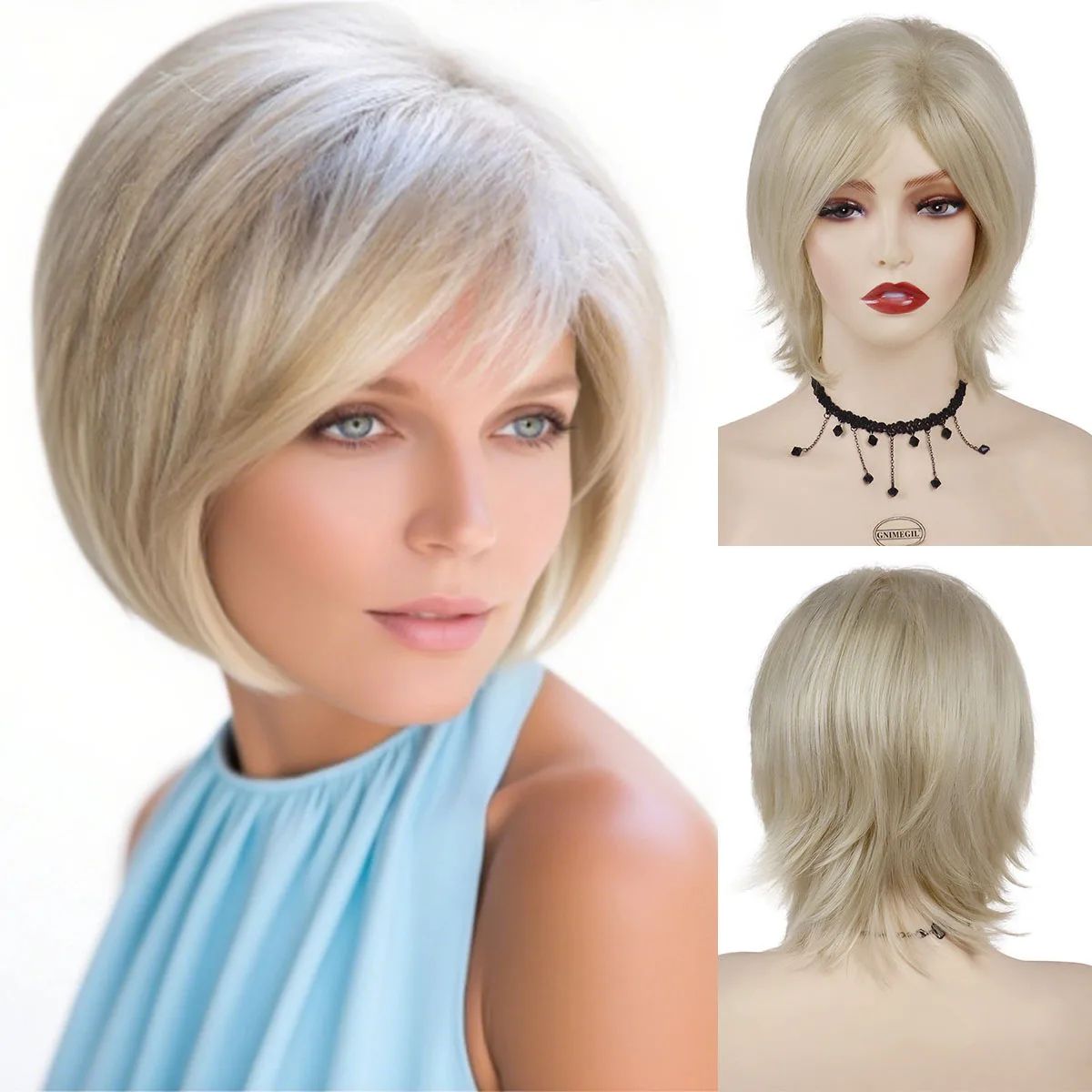 

Synthetic Bob Blonde Wig with Bangs Short Haircuts Mommy Wigs Straight Hair Old Lady Wig Costume Cosplay Party Heat Resistant