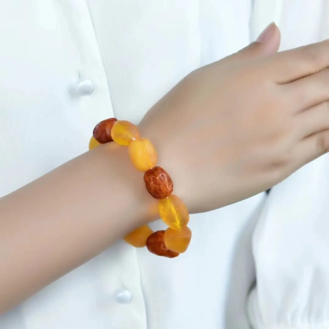Chinese Style Natural Raw Amber Beeswax Bracelet Lucky Blessing Wealth Attracting Irregular Shape Single Strand Wrist Jewelry