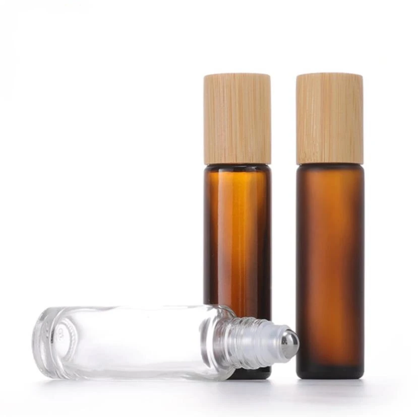 10ml Glass Roll On Bottles Frosted Amber Essential Oil Perfume Bottle with Bamboo Cap Stainless Steel Roller Ball ni65