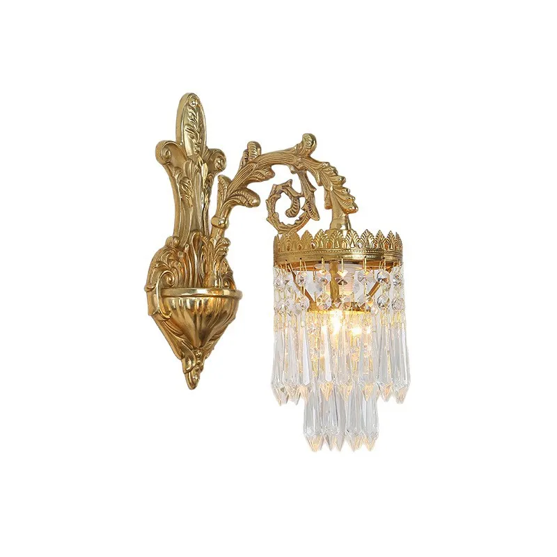 

French all-copper wall lamp crystal bedroom villa bedside staircase wall lamp retro European luxury brass living room wall lamp