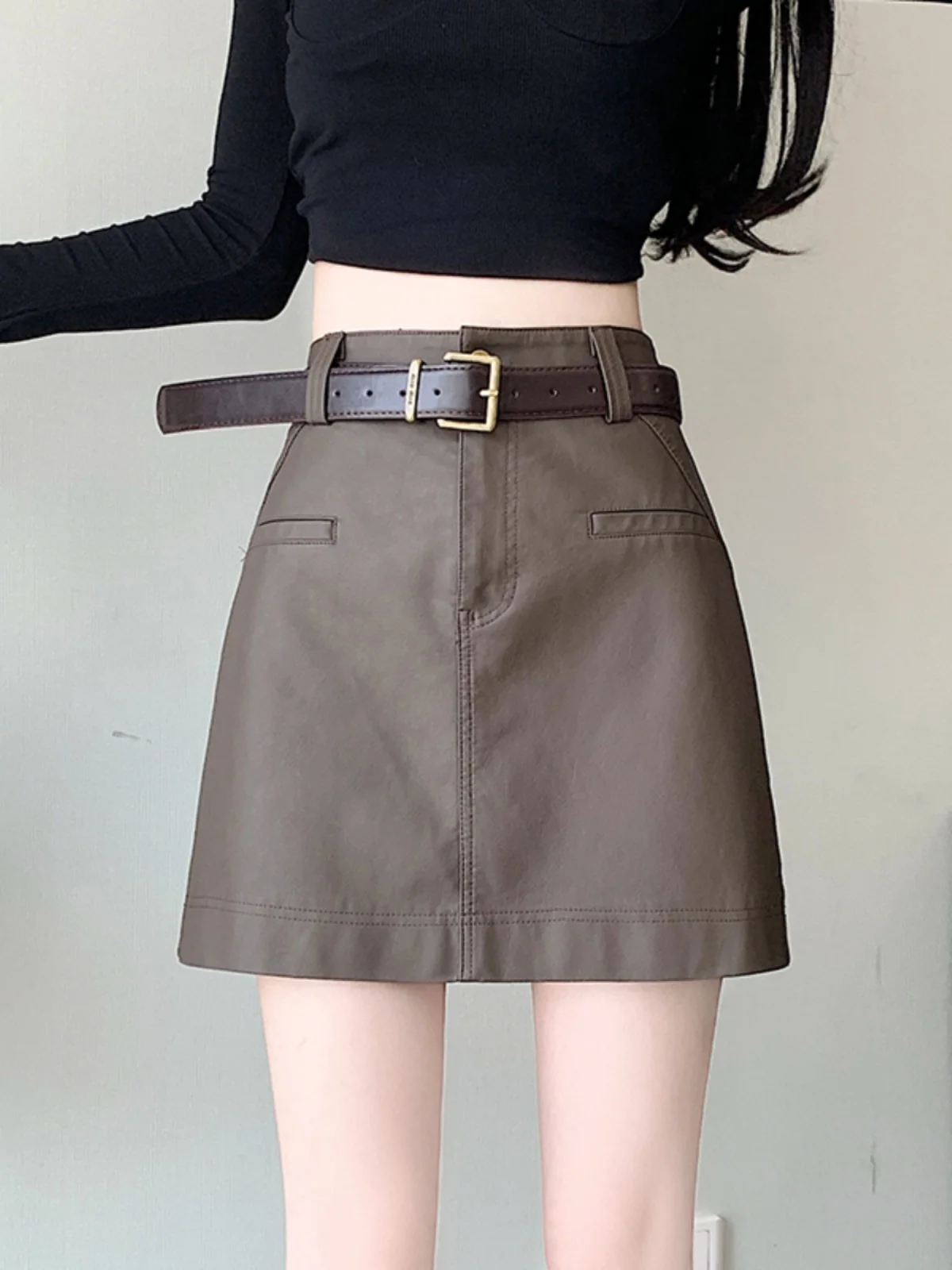 American High Waist A-Line PU Leather  Skirt Women's Autumn Winter Spring Fashionable Versatile Ladies Wraparound Skirt
