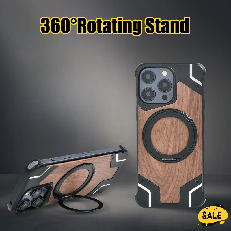 

360°Rotating Ring Stand Magnetic Phone Case for IPhone13 14 15 16 Pro Max Plus Shockproof Walnut Wood Metal Case Protector Cover