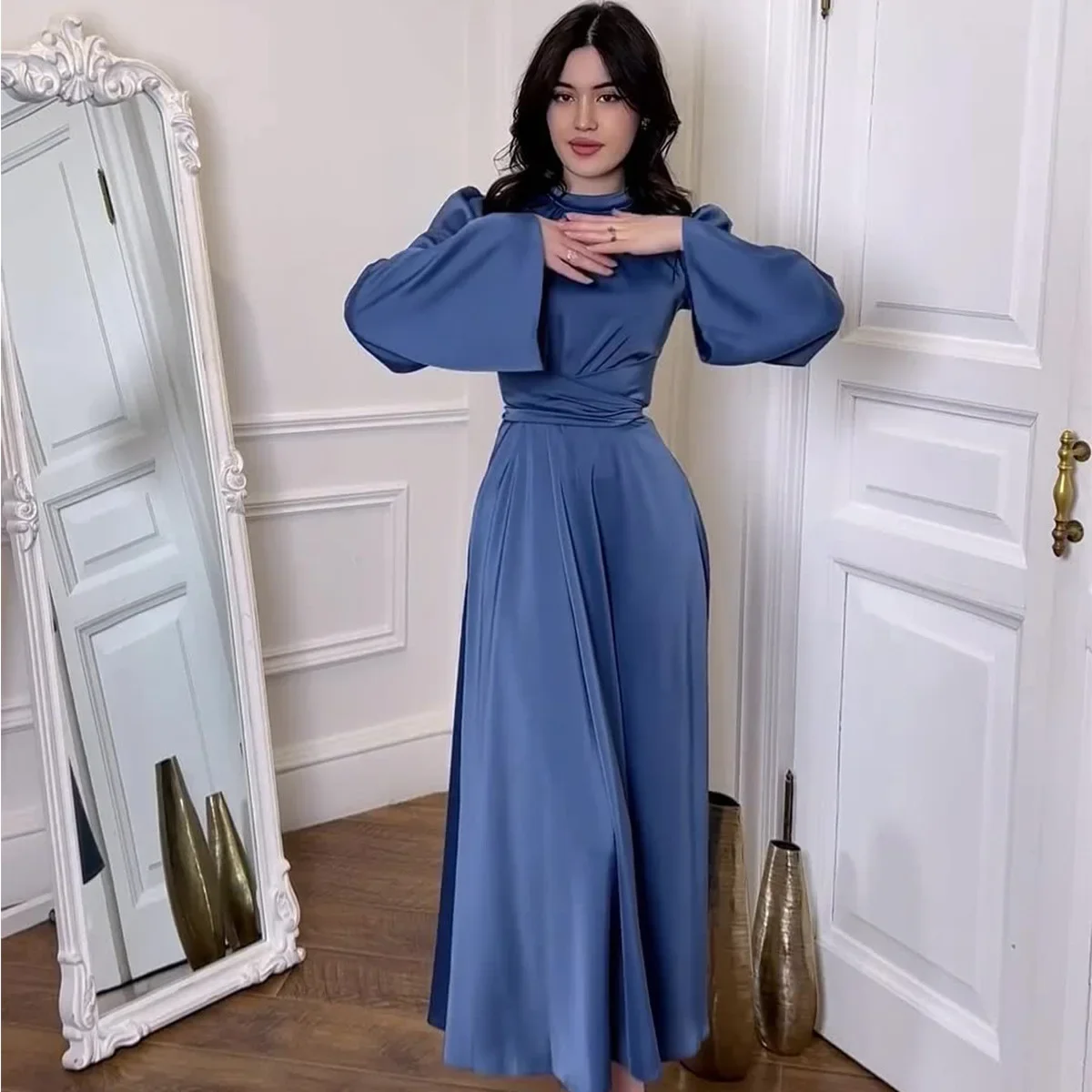 Elegant Satin High Waist Women Maxi Dress Long Sleeve Slim Banquet Long Bodycon Evening Party Dresses Chic Robes