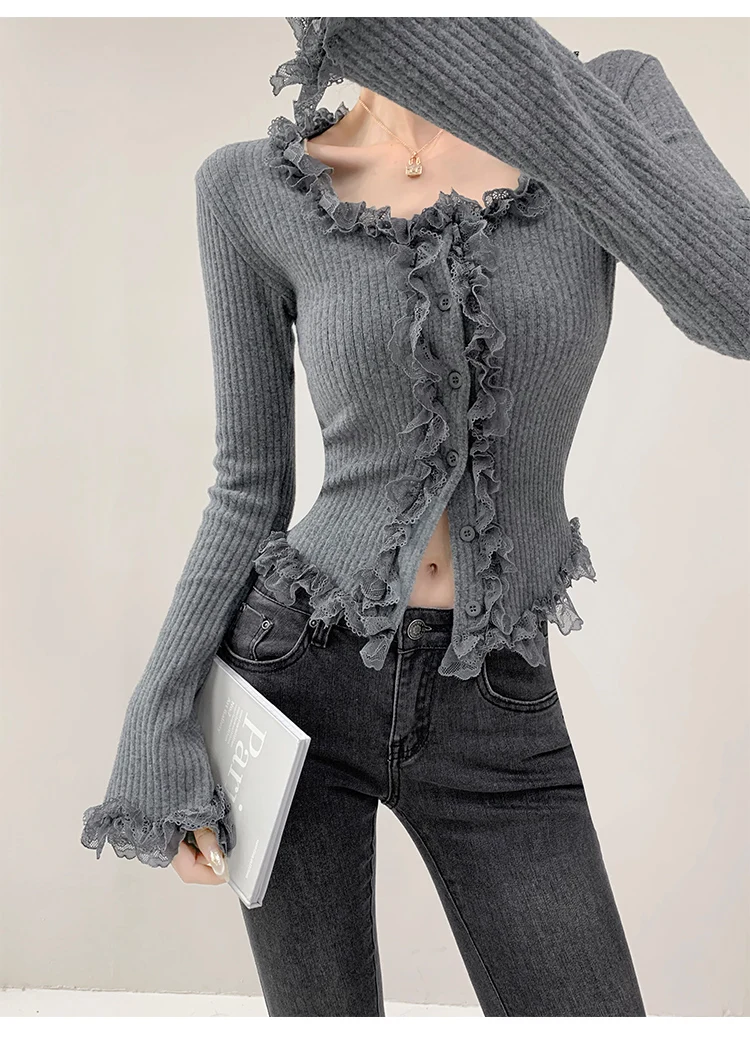 2026 Quadratischer Kragen Spitzenbesatz Langarm-Strickpullover Damen Retro Kurzer Stil Schlanke Oberteile Einreihige Strickjacke – Detail 21