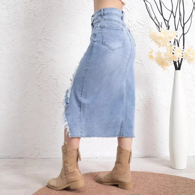 Ripped Destroyed Denim Skirts Women High Waist Slim Fit Bodycon Hips Pencil Long Skirt Elegant Plus Size S-5XL Faldas Mujer Moda