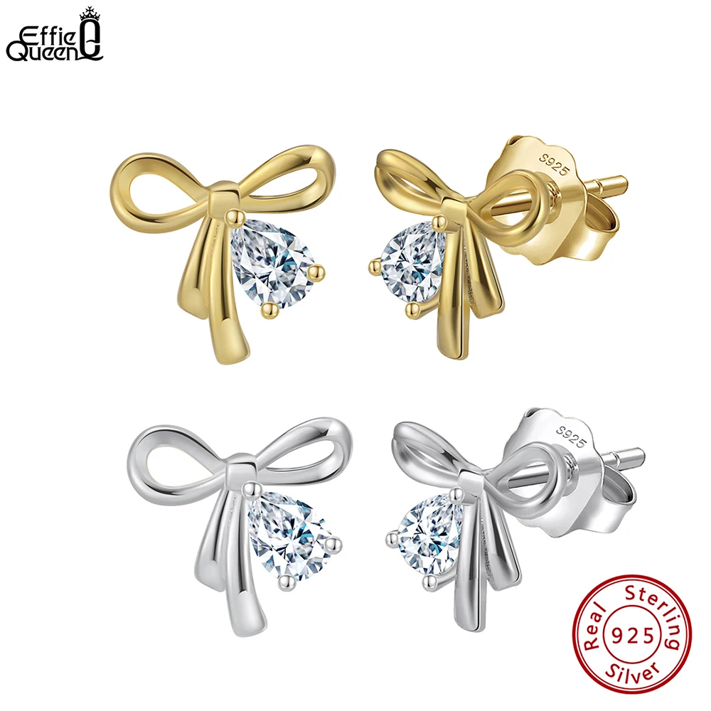 

Effie Queen 100% 925 Sterling Silver 14k Gold Bowknot Stud Earrings With Water Drop Zirconia Banquet Jewelry for Women SE409