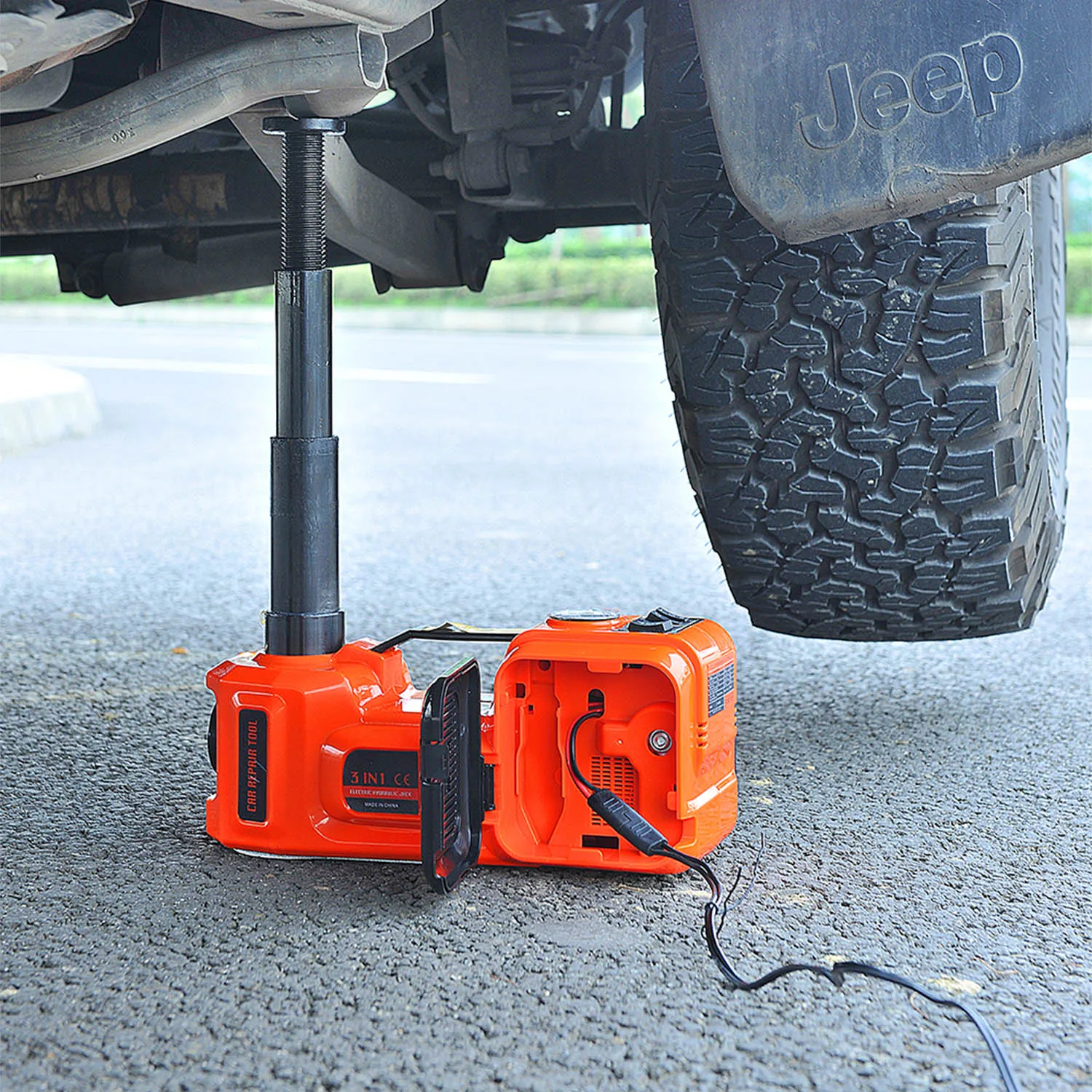 12V 5Ton Car Electric Hydraulic Floor Jack, Tire Inflator Pump and LED Flashlight 3 in 1 Set With Safe Hammer QZ002