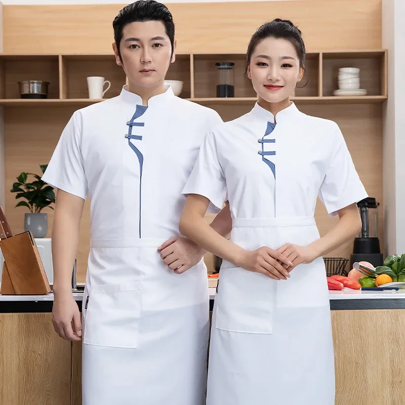 Short Sleeved Food Service Chef Coats Men Restaurant Kitchen Work Dressing Uniforms Cooking Clothes Stand Collar Sushi Work Tops