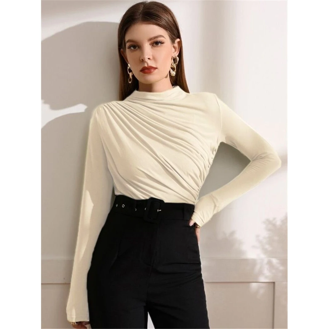 

Autumn Winter Long Sleeve T-Shirt High Neck Design Gathered Versatile Top Women's Fashion High Waist Nine Points Pants