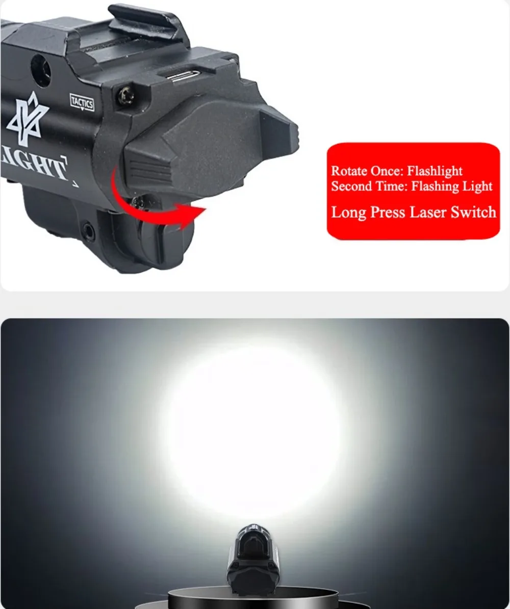 TR-1 Taktische Taschenlampe aus Metall mit Rot/Grün-Punkten, LED-Stroboskop, Waffenlicht für Outdoor-Jagd, passend für Picatinny-Führungsschiene 20mm, Bodenmontage – Detail 4