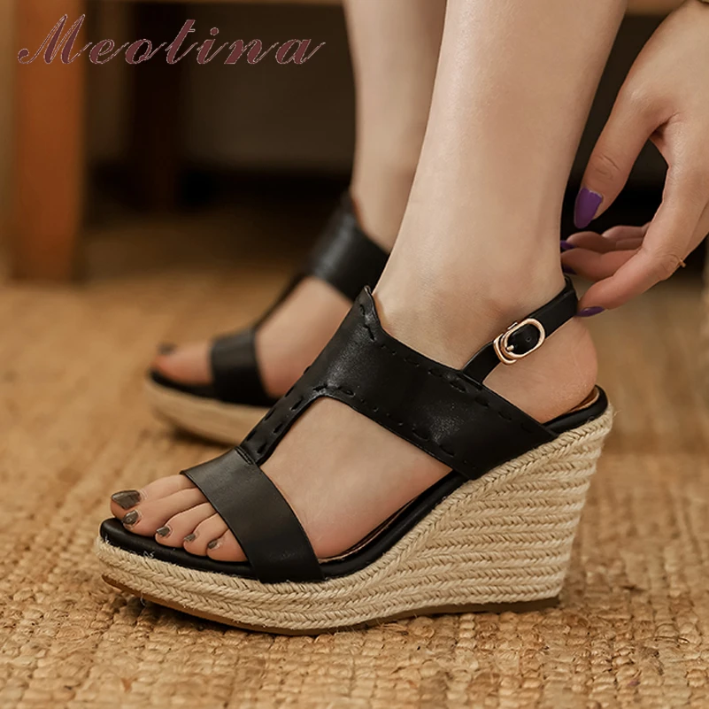 Meotina Women Shoes Genuine Leather T-Strap Sandals Platform Wedges Heel Buckle Super High Heels Ladies Footwear Summer Black 39