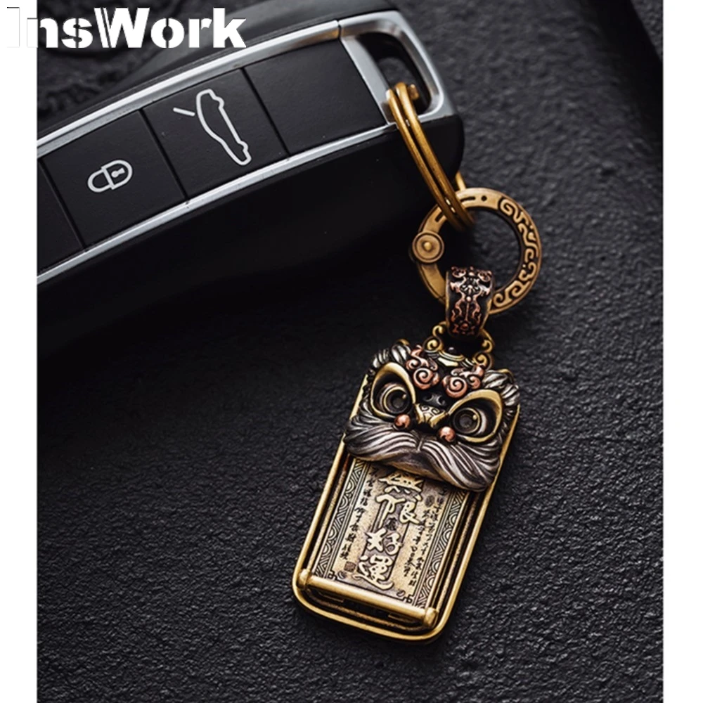 Push Slider Decompression Pendant Men\'s Keychain Silver Jewelry Chinese Handle Piece Lion Danger Pendant