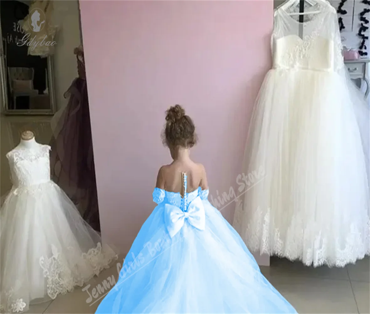 

Голубое платье с цветочным узором для девочек на свадьбу с сетчатыми пушистыми кружевными аппликациями, элегантные платья принцессы для первого причастия, дня рождения