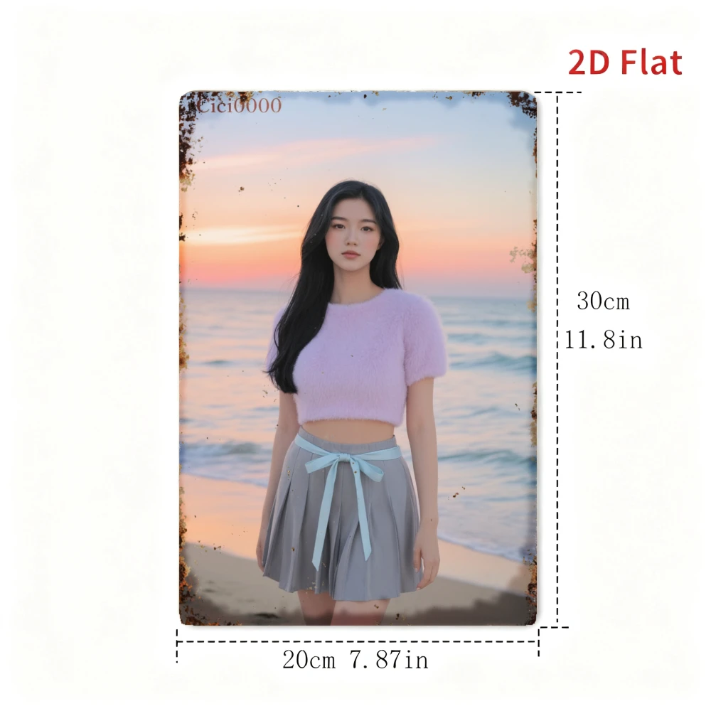2D Flat Metal Wall Sign Beach Sunset Girl Pink Top Gray Skirt Home Decor 1PC for Bathroom Garage Kitchen Bar
