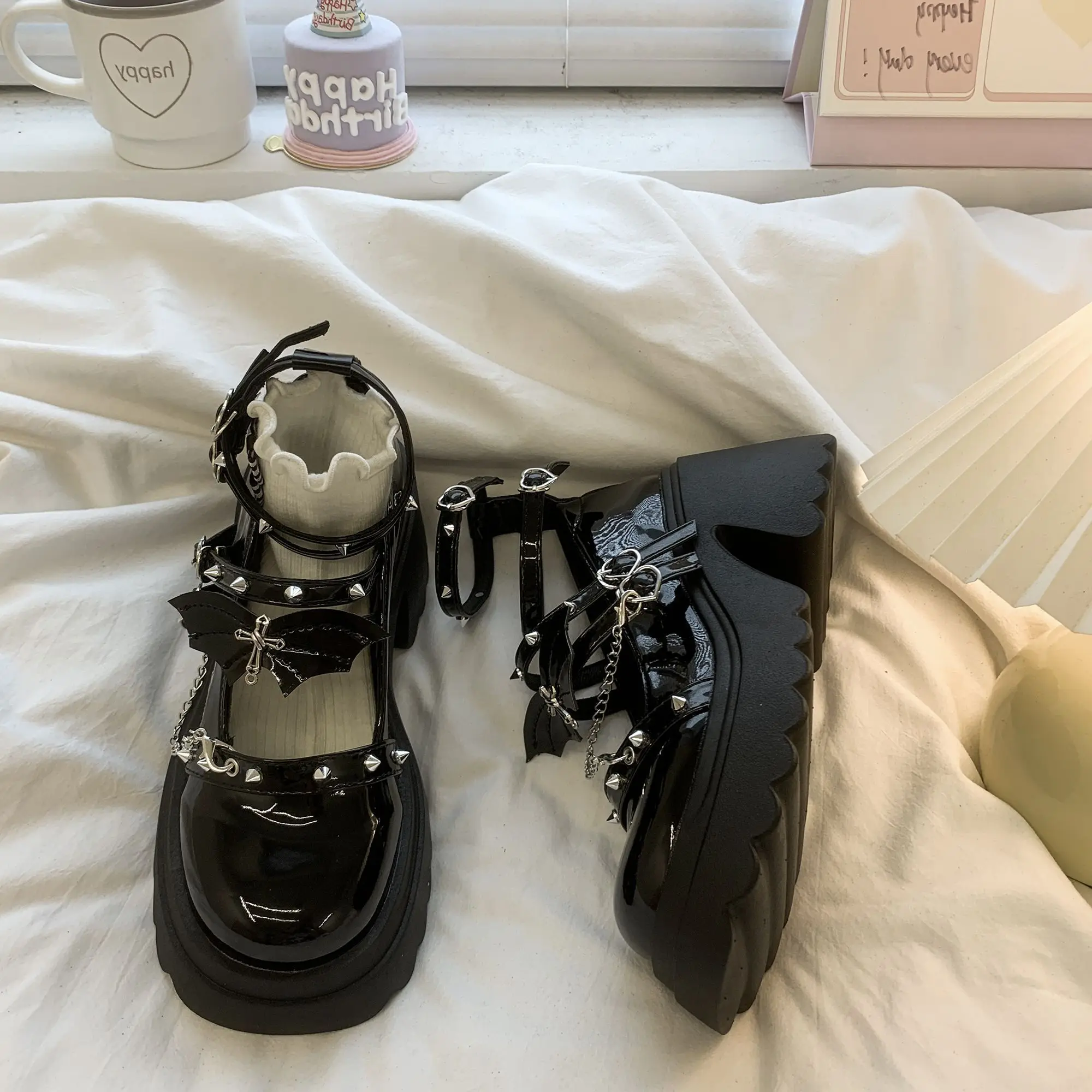 

Y2K Subculture Lolita Bat Element Punk Style Hot Girl Dark Theme Mary Jane Chunky High Heel Small Leather Shoes Women