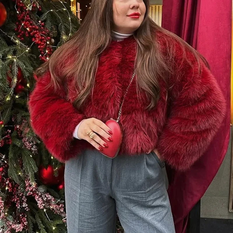 Mantel Bulu Imitasi Merah Elegan Hangat Lembut Ukuran Besar Lengan Panjang Berkerah Jaket Musim Dingin Fashion High-Street Pakaian Luar Wanita
