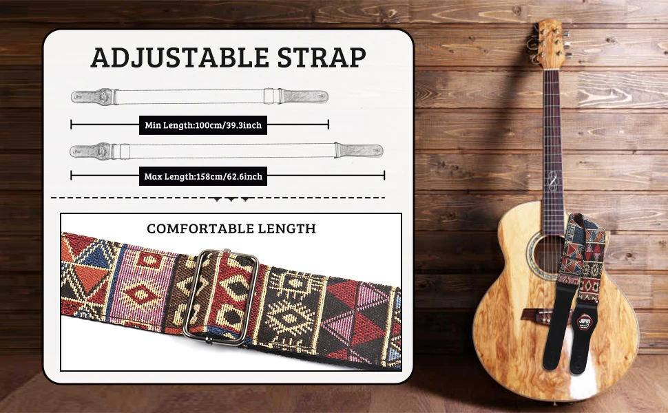 Baumwoll-Gitarrengurt mit Lederende, verstellbarer weicher Gurt für Bass, elektrische und akustische Gitarren, kostenlose Gitarrenplektren*3 – Detail 8