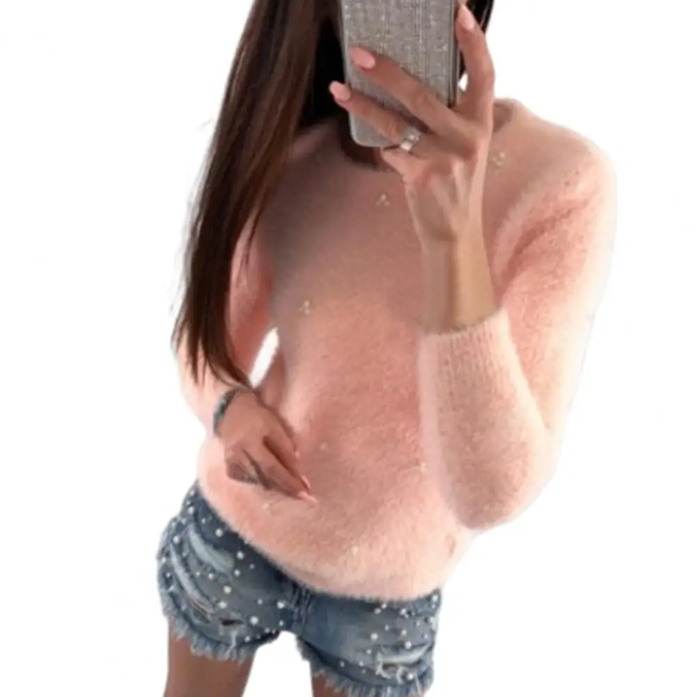 Long Sleeve Sweater Top Slim Fit Solid Color Knitted Sweater Autumn Winter Plush Faux Pearls Sweater Jumper Female Clothing