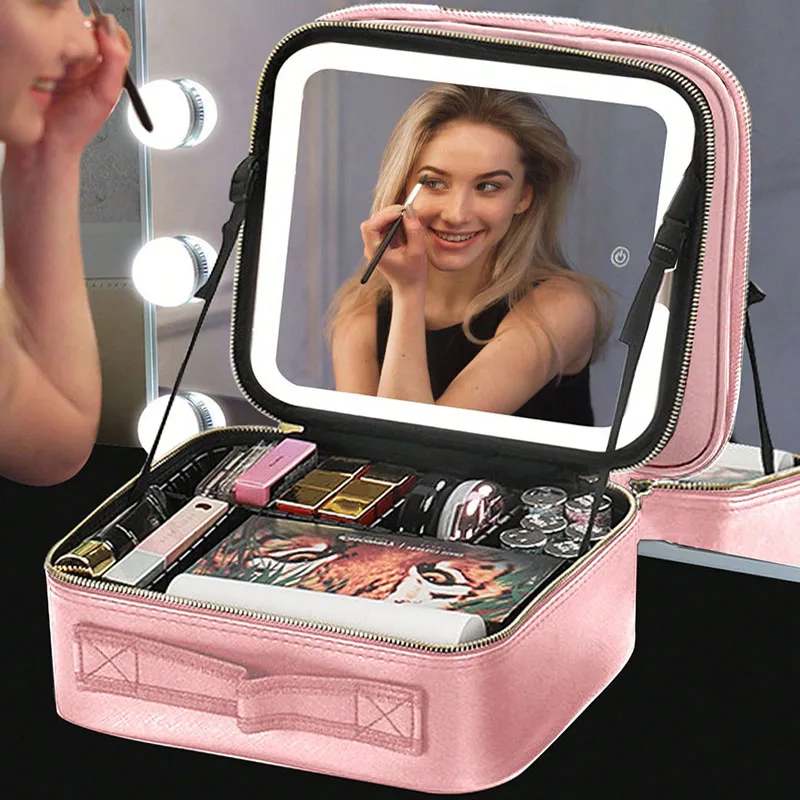 New LED Lighted Cosmetic Case With Mirror PU Leather Portable Travel Makeup Storage Bags Waterproof Travel Makeup Bag