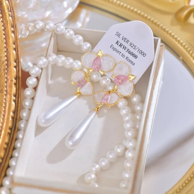 Retro nieuwe Chinese high-end gevoel unieke emaille druppelglazuur roze lange franjes pareloorbellen oorclip oorbellen