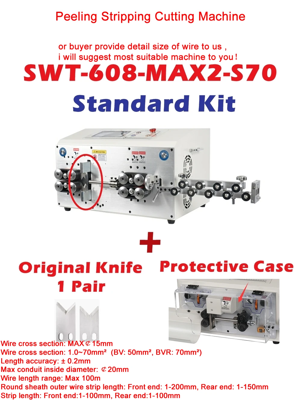 

SWT-608-MAX2-ST70 Stepper S70 Servo Motor Peeling Stripping Cutting Machine 8 Wheels 1000W Touch Screen Control BV Wire Max 50mm