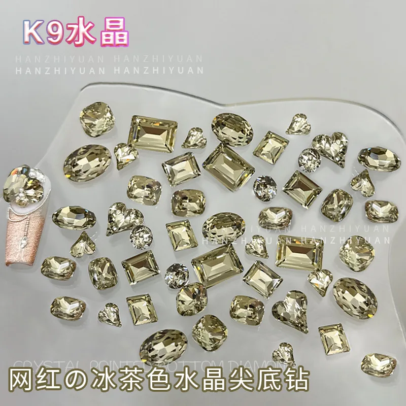 10pcs K9 Night Shadow Gray Crystal Nail Accessories Pointed Bottom Diamond Large Crooked Heart Square Rhinestone Charms