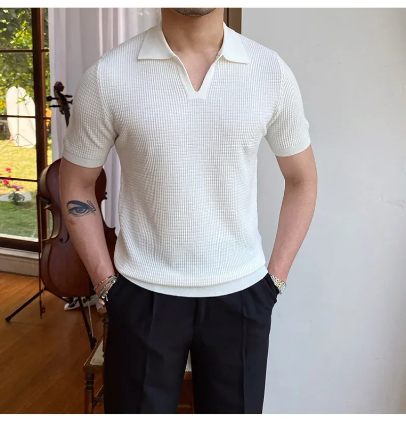 Summer New V-neck Men's Solid Color Short-sleeved T-shirt British Slim Lapel Knitted Striped Casual Polo Shirt