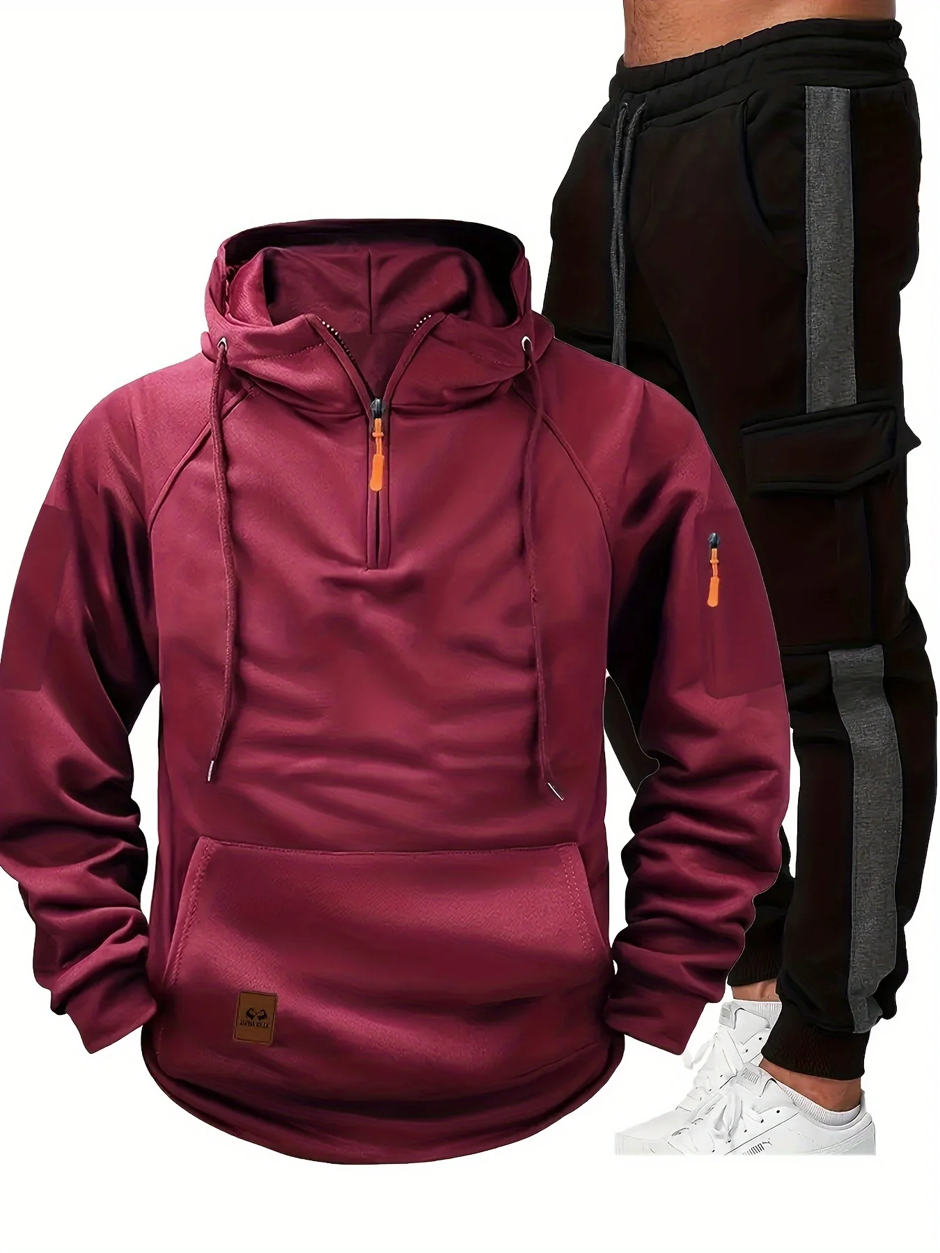 طقم رياضي مكون من قطعتين للرجال: سترة بغطاء للرأس بسحاب عنابي نابض بالحياة وسروال ركض أسود، ألياف بوليستر، طراز كاجوال، مثالي للسيارات