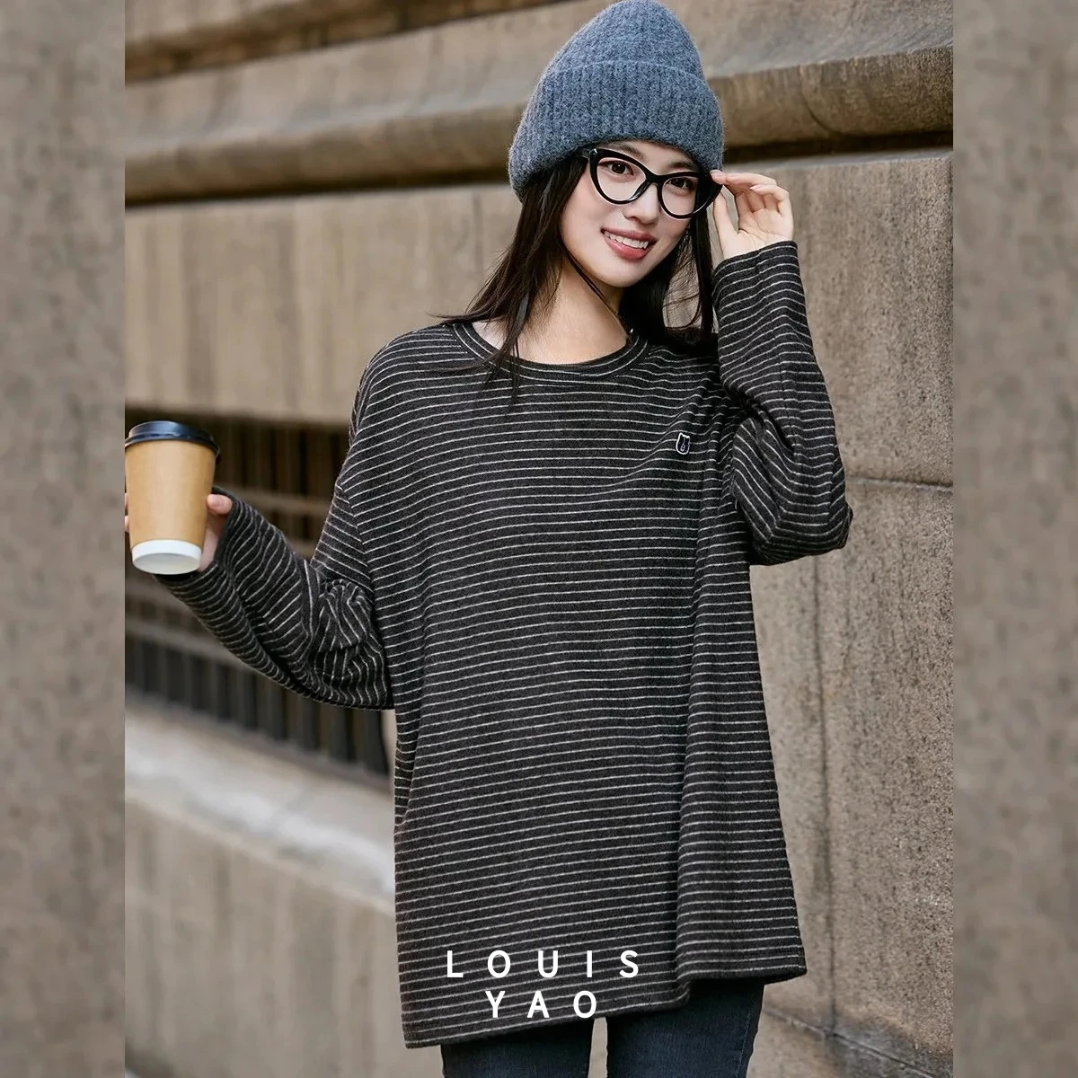 

LOUISYAO Casual Striped Knitted Women's T-Shirt 2025 Autumn & Winter Stylish Loose-Fit Top Lazy Vibe Long-Sleeve Tees