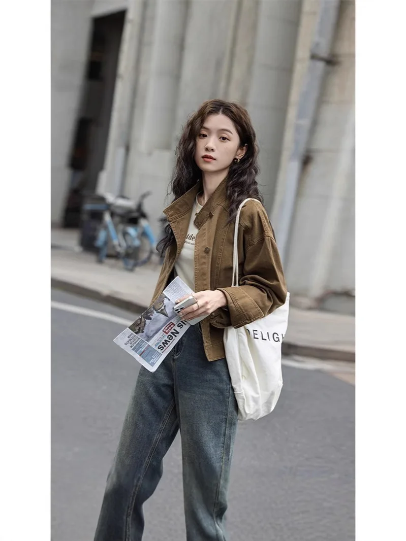 

American Retro Short Jacket Women Autumn Stand Collar Long Sleeve Denim Coat Loose Casual Fashion Workwear Basic Female Clothing