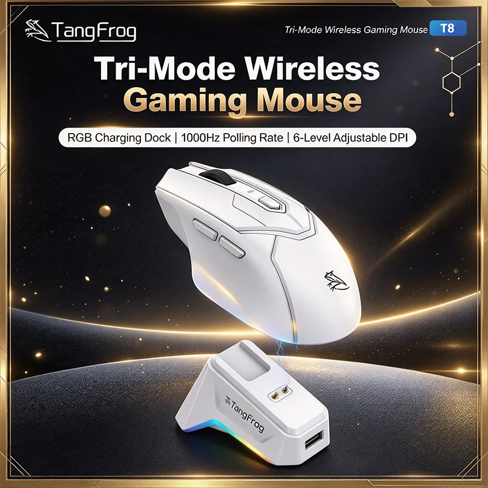 Wireless Gaming Mouse PAW3311 24000 DPI 1000Hz Tri-Mode Bluetooth 2.4G Wired RGB Charging Dock for Gaming Office TangFrog U-T8