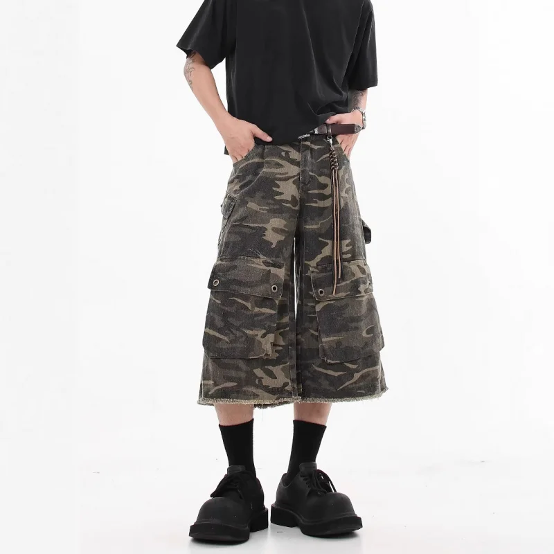 Celana Jeans Tujuh Saku Model Vintage Distressed Camouflage untuk Pria, Musim Panas, Model Longgar, Celana Cargo Multi-Kantong