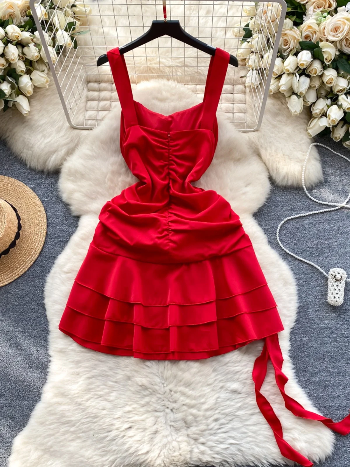 Foamlina Sexy Red Slip Dress Women Fashion Summer Spaghetti Strap Sleeveless High Waist Multi-layered Ruffles Mini Party Dress