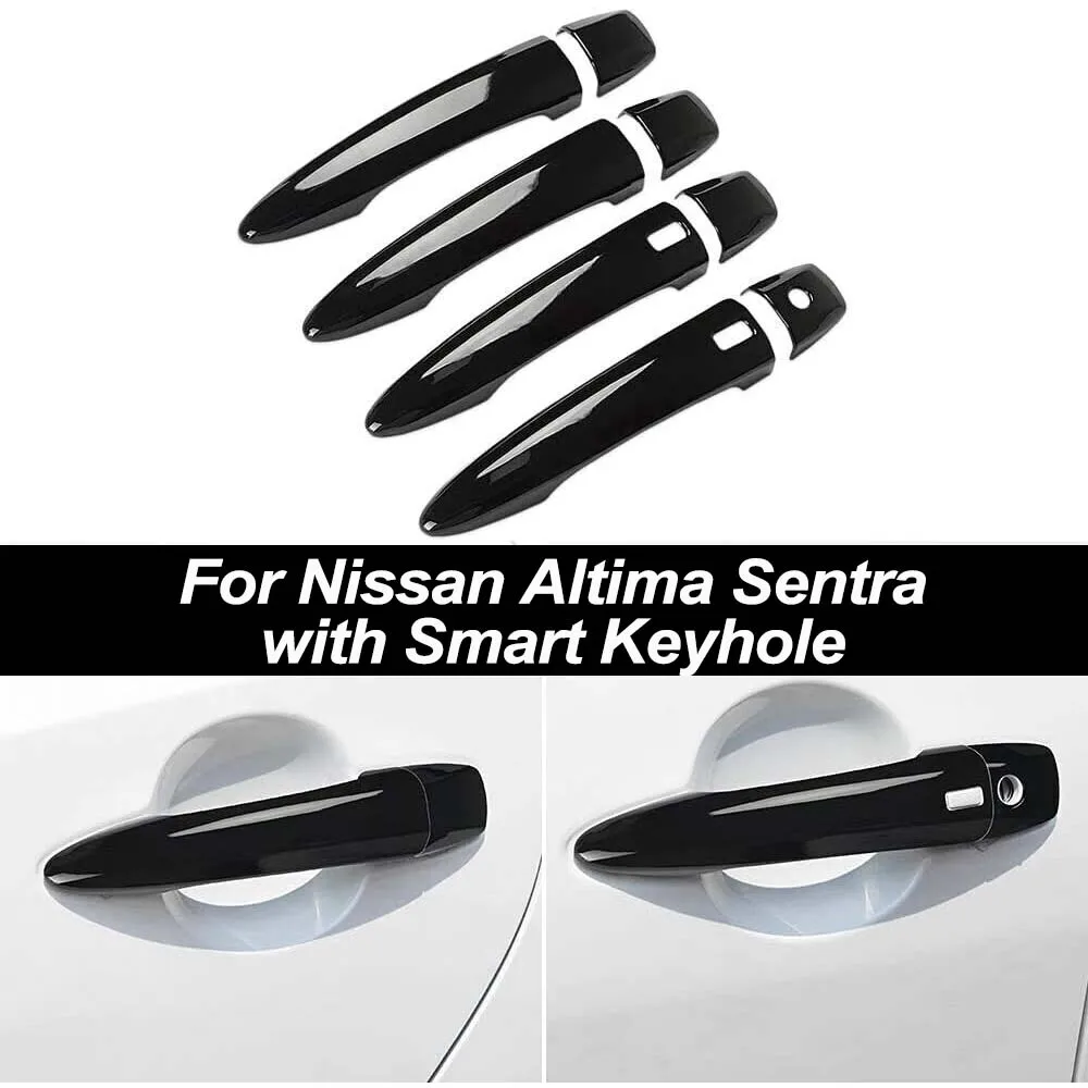 4 قطعة غطاء مقبض الباب الخارجي للسيارة مع ثقب المفتاح الذكي أسود لامع لنيسان ألتيما سنترا 2019 2020 2021 2022 2023 2024 #1