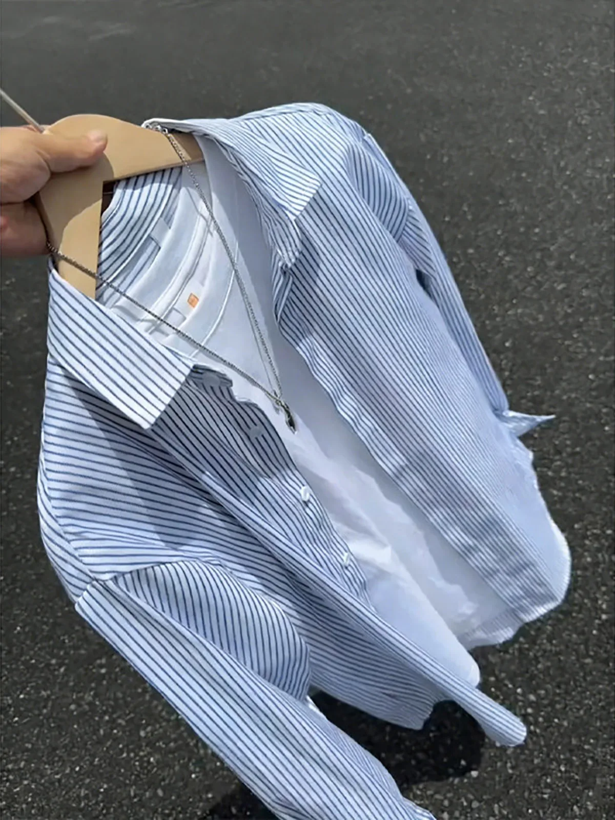 Blue Striped Long Sleeve Shirt Unisex Loose Fit Korean Style Cityboy Layering Shirt Couple's Outerwear Casual Fashion