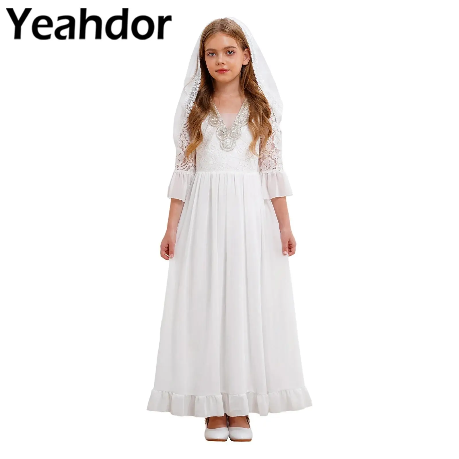 Girld Flower Girl Dress with Mesh Veil Children Maxi Dress White Formal Birthday Party Gown for Holy Communion Wedding Evenings