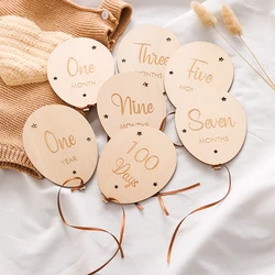 7PCS Newborn Wooden Balloon Milestone English 1-12 Month Wooden Card Baby Milestone Photography Props Birthday Party Decoration