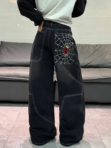 American Retro Spider Web Embroidery Design Black Loose High-Waist Jeans Women Y2K Street Fashion Versatile Wide-Leg Pants