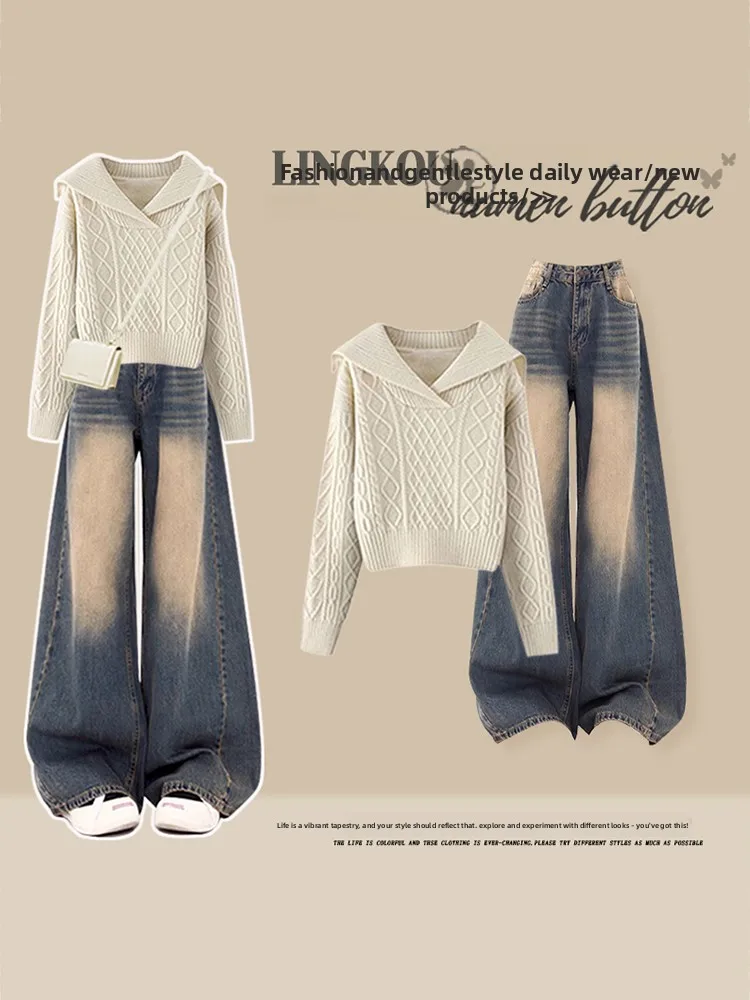 

Large Size Autumn Casual Knitted Sweater And Loose Jeans Navy Collar Two-Piece Set for Women High Waist Straight Leg Fit