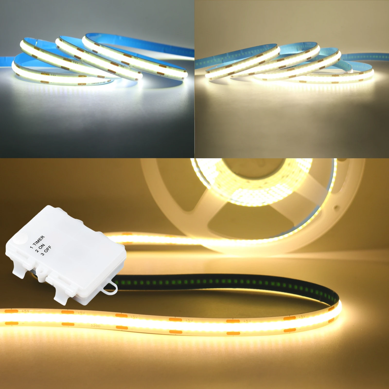 5V 8MM COB LED Strip Light with 3AA Battery Box 320LEDs High Density Flexible RA90 3000K 4000K 6000K Adhesive Tape Rope Lamp