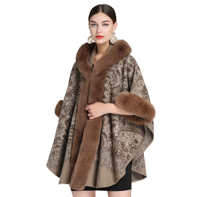 

New Imitation Otter Rabbit Fur Collar Jacquard Hooded Cape Plus Size Woolen Coat for Women Cardigan Shawl Cloak Loose Long Coats