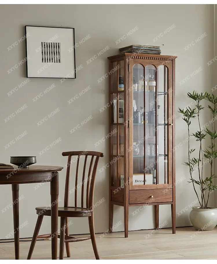 L Black Walnut Retro Wine Cabinet Living Room Display Cabinet Tableware Cup Saucer Locker Glass Cabinet with Light