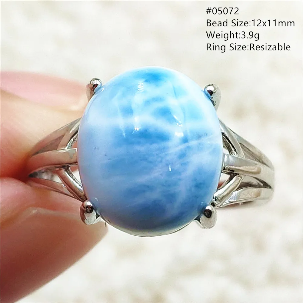 Natural Blue Larimar Adjustable Ring 925 Sterling Silver Larimar Gemstone Women Men Water Pattern AAAAA