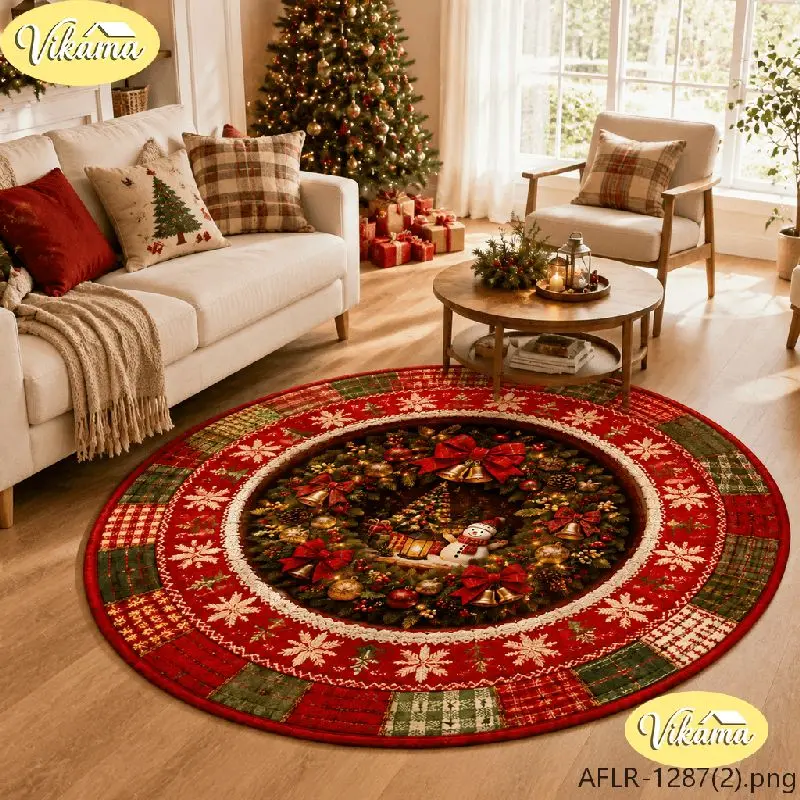 VIKAMA Christmas Round Rug 3D Christmas Wreath Pinecone Berry Area Rug Living Room Holiday Home Decor Aesthetic Art Large Cute