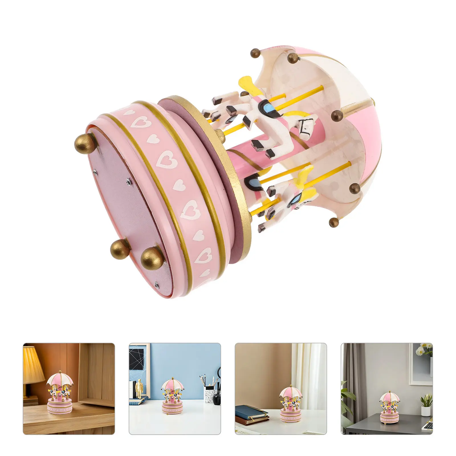 Wooden Rotating Music Box Classic Carousel Vintage Wind Up Mechanical Decorative Music Box Desktop Ornament Soothing Tune