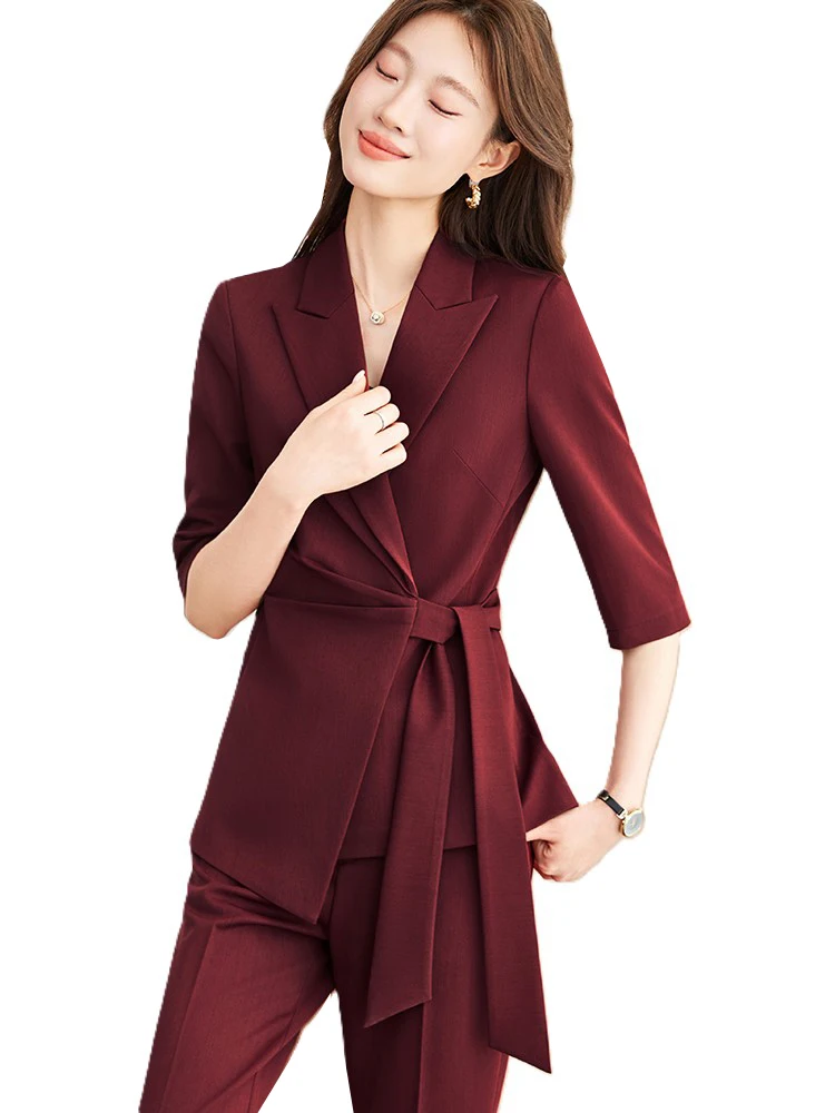 

Red White Black Women Pant Suit Ladies Formal 2 Piece Set Half Sleeve Female Blazer And Trouser