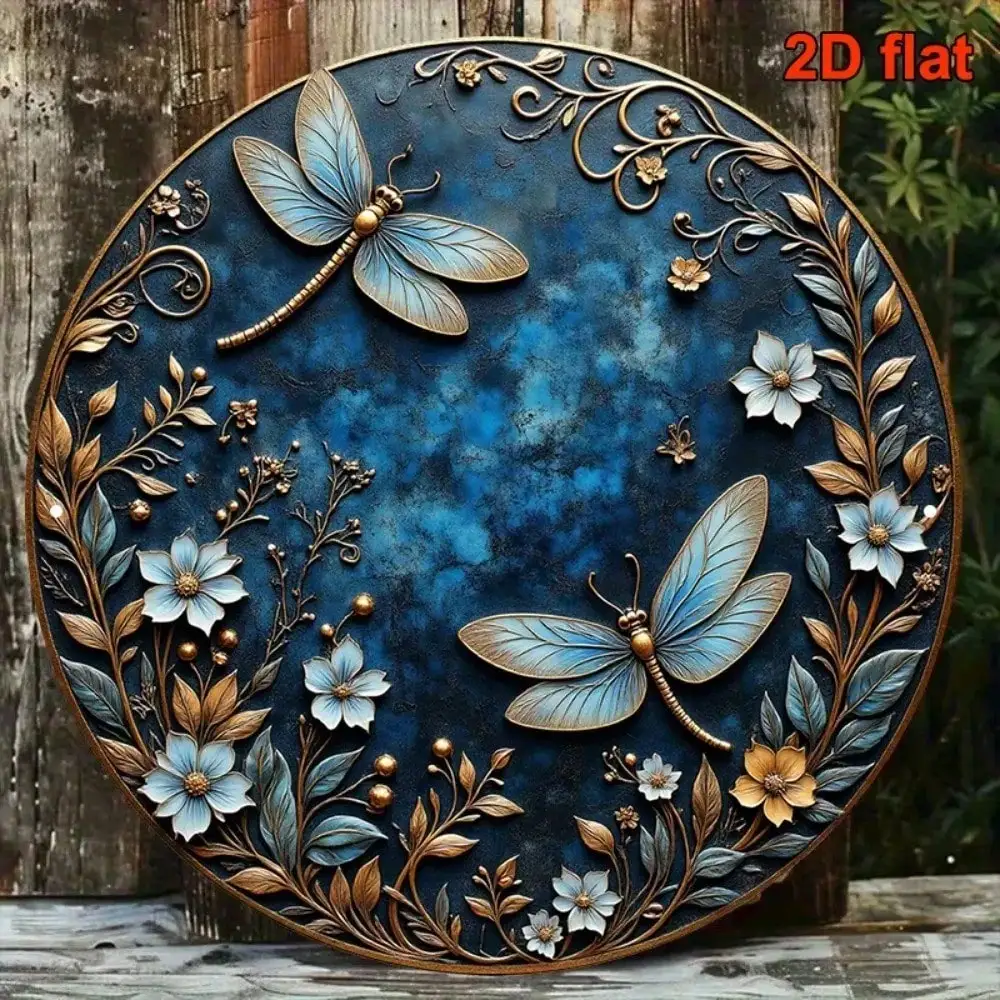 CIFBUY Vintage Aluminum Wall Art 8x8 Inch Waterproof Gold Dragonfly Blue Floral Metal Sign For Home Cafe Bedroom Living Room